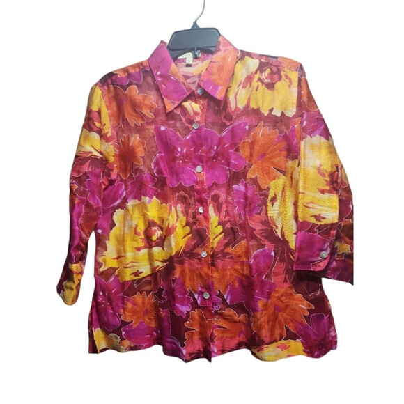 Choices Women’s M Multicolor Floral Button Up Blouse Roll Tab Sleeve - Picture 1 of 7